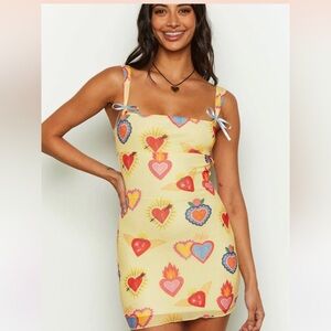 Beginning Boutique Romeo Yellow Heart Print Mini Dress